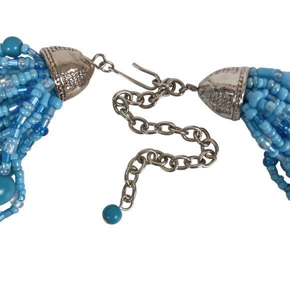 Vintage Multi Strand Blue Statement Glass Station Seed Bead Bib Collar Necklace - Picture 8 of 13